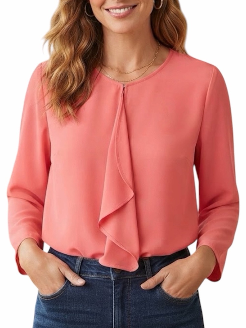 VAN HEUSEN Coral Pink Waterfall 3/4 Sleeve Blouse Corporate Sleek Workwear S